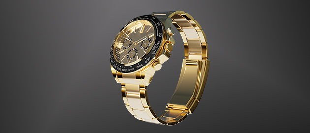Eine gerenderte, goldene Uhr für eine Animation im Standbild